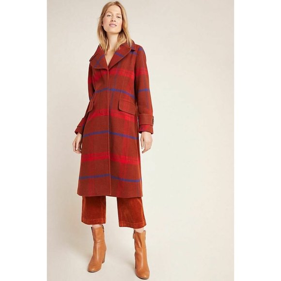 NEW Anthropologie Plaid Jasper Coat Orange Red Nav